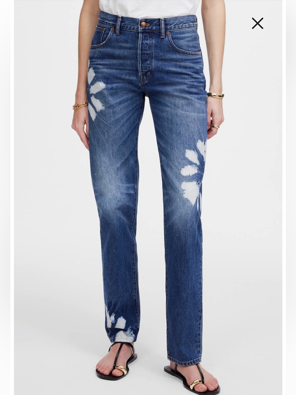 Madewell The Dean Easy Straight Jeans Shibori Dark Wash with Dyed Flowers Sz 25